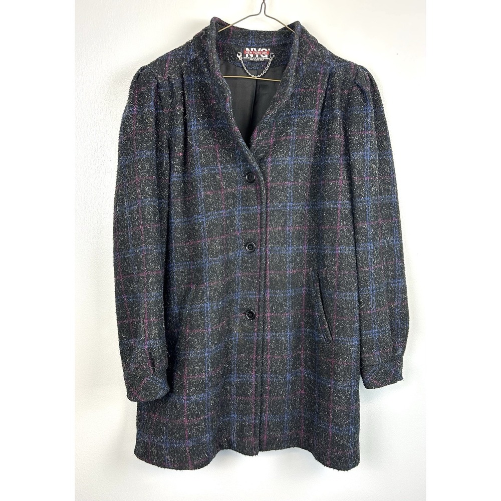 Vintage 80s New York Girl Pea Coat‎ Medium Wool Black Gray Plaid Preppy Mob Wife